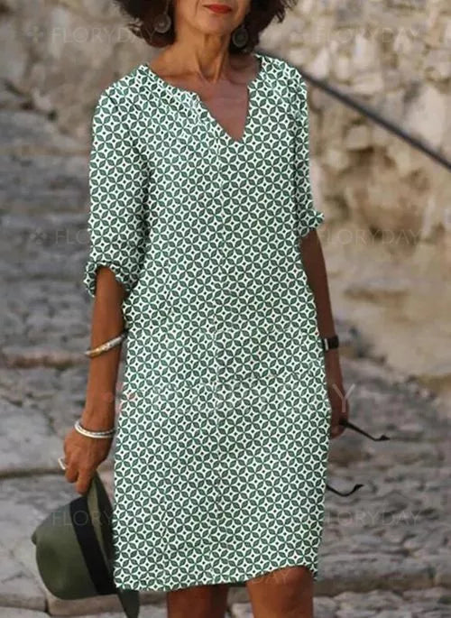 Hannah | Vestido midi de mujer con escote en V y estampado geométrico