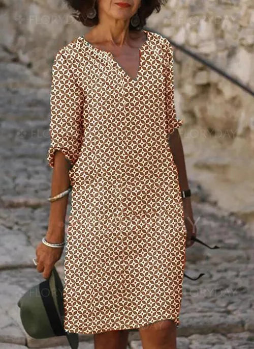 Hannah | Vestido midi de mujer con escote en V y estampado geométrico