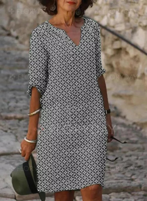 Hannah | Vestido midi de mujer con escote en V y estampado geométrico